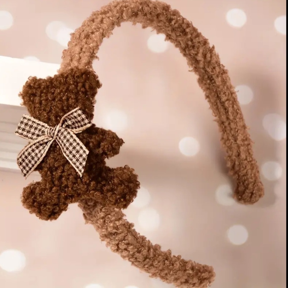 Teddy Bear Plaid Bow Headband - Brown